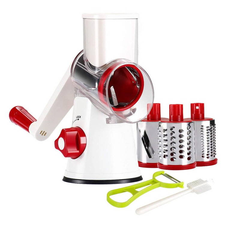 Rotary Cheese Grater Shredder- 3 Drum Bladea Manual Slicer Nut Grinder with Vegetable Peeler and Cleaning Brush (White red)