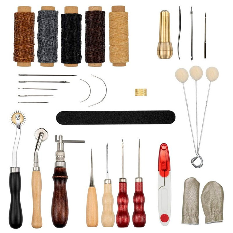 Tebery 31 Pcs Leather Sewing Tools Hand Stitching Tool Set with Groover Awl Waxed Thread Thimble Kit for DIY Craft