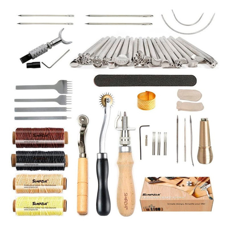 Leather Tools SIMPZIA 52 pcs Leather Kit with Stitching Groover, Prong Punch and Leather Working Saddle