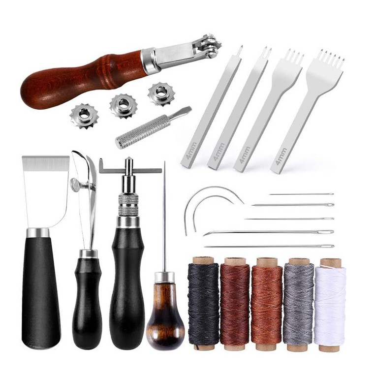 21 Pcs Leather Repair Sewing Kit, Leather Waxed Thread Leather Needle and Stitching Hole Punch Leather Groover Tool and Awl