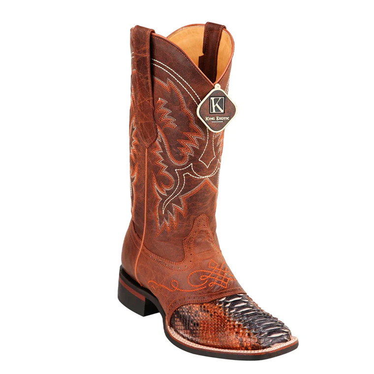 Men's King Exotic  (48235788) -   Rustic Cognac Square ToePython Boots with Rubber Sole and Saddle Vamp