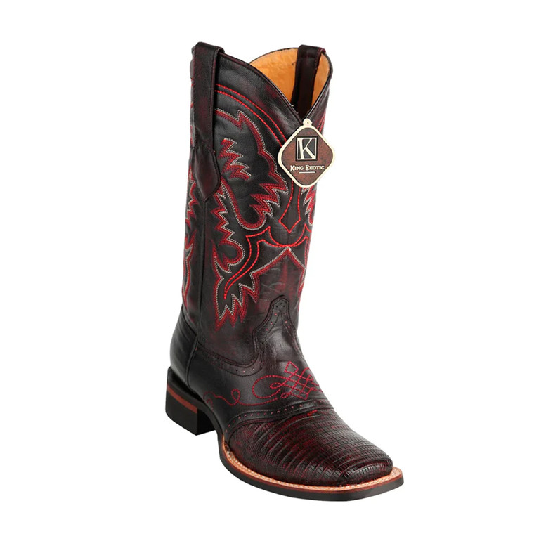 King Exotic Boots (48230718) - Handmade Black Cherry Teju Lizard Square Toe Boots with Saddle Detail for Men