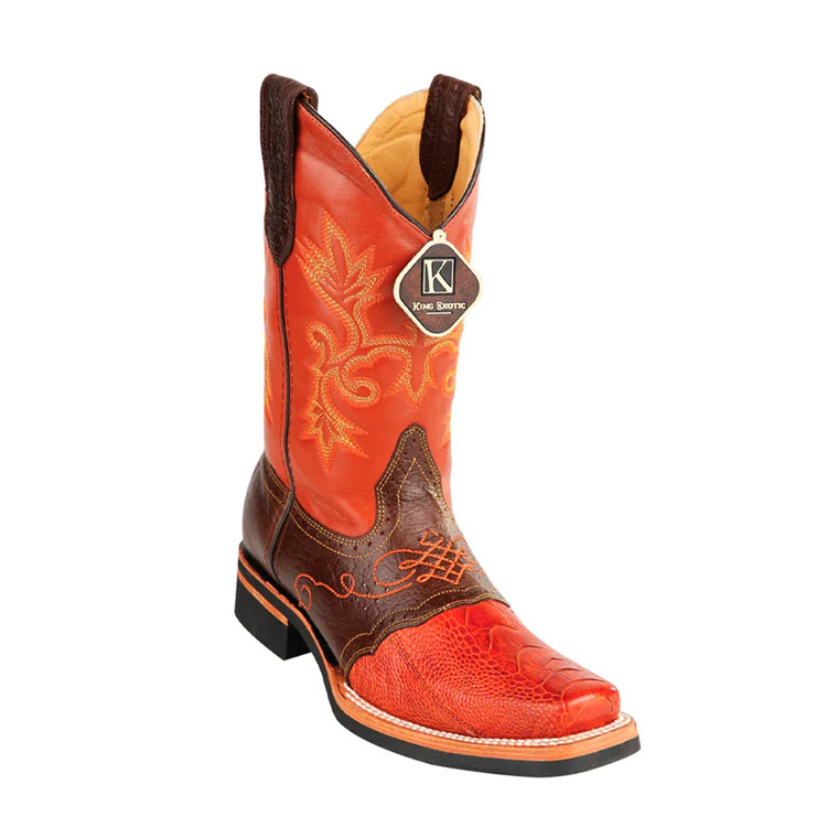 King Exotic Boots (48160503) - Men's Ostrich Leg Boots with Rubber Sole & Saddle Square Toe in Cognac .