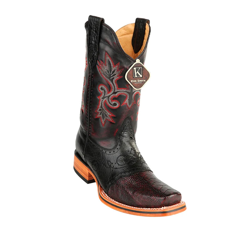 King Exotic Boots (48170518) - Handmade Black Cherry Ostrich Leg Square Toe Boots with Saddle for Men .