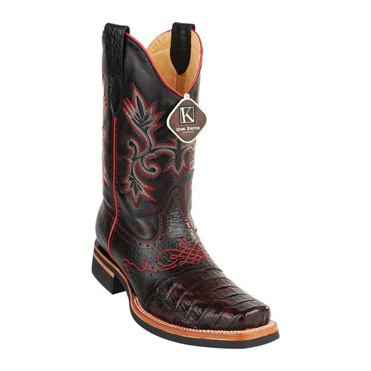 King Exotic Boots 48168218 -Men's  Black Cherry Caiman Boots with Square Toe, Rubber Sole, and Saddle Vamp