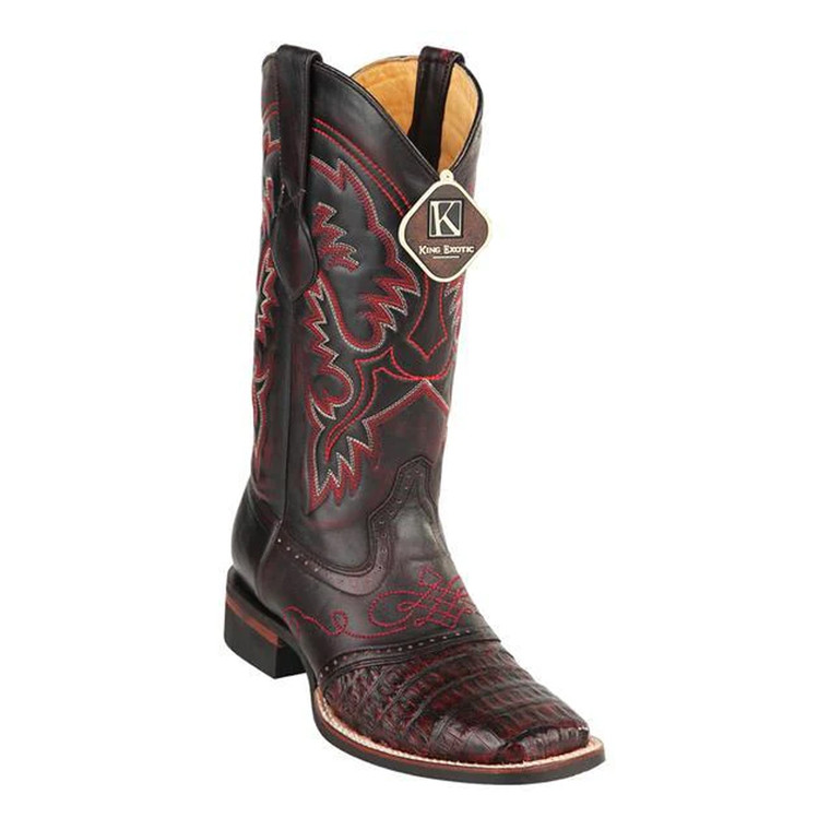 King Exotic Boots 48238218 -Men's Black Cherry Caiman Boots with Crepe Sole, Square Toe, and Saddle Detailing