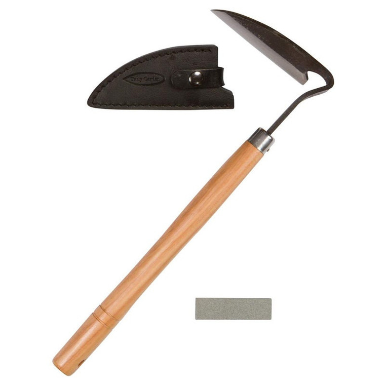 Garden Sickle Style Hand Weeder Tool with Thick Leather Sheath and Sharpening Stone
