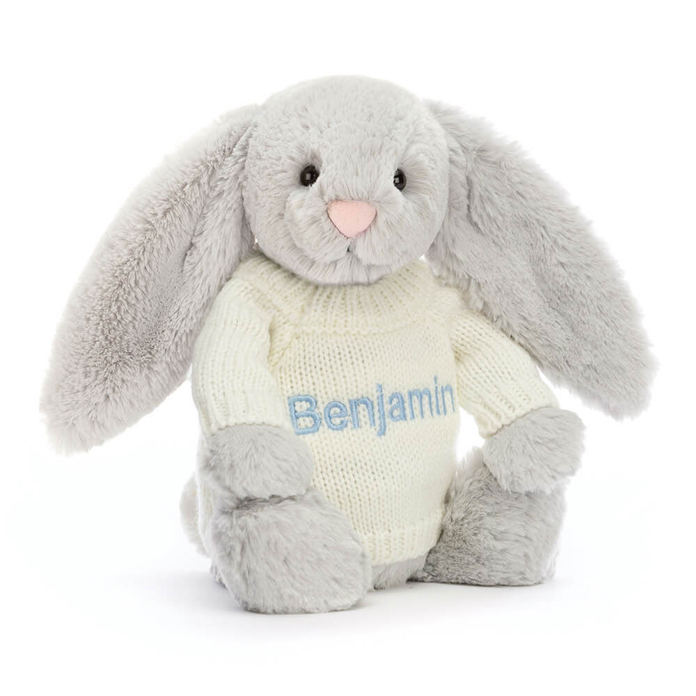 Bashful Silver Bunny with Personalised Cream Jumper, View 4