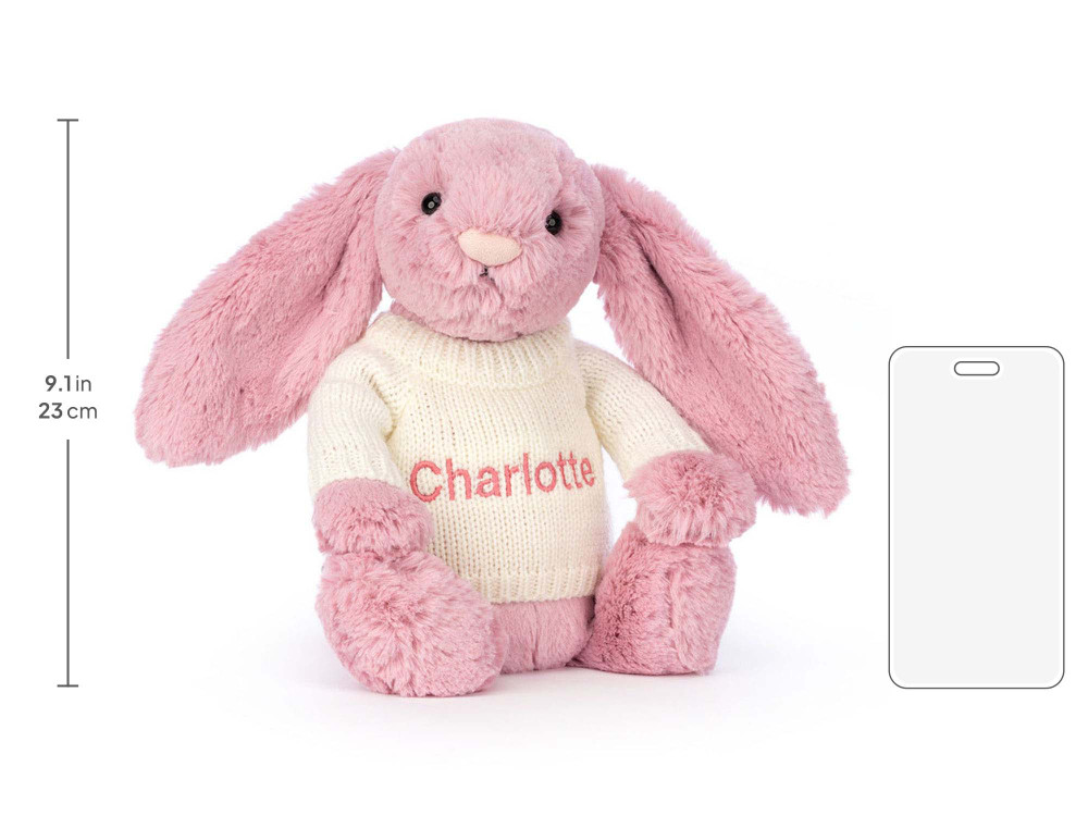 Bashful Tulip Pink Bunny with Personalized Cream Jumper, size chart