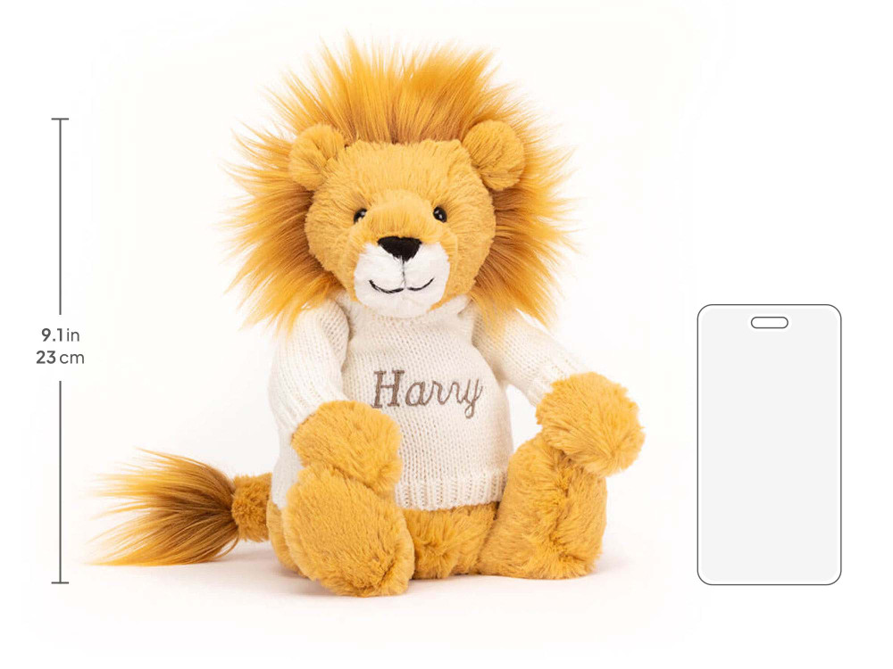 Bashful Lion with Personalized Cream Jumper, size chart