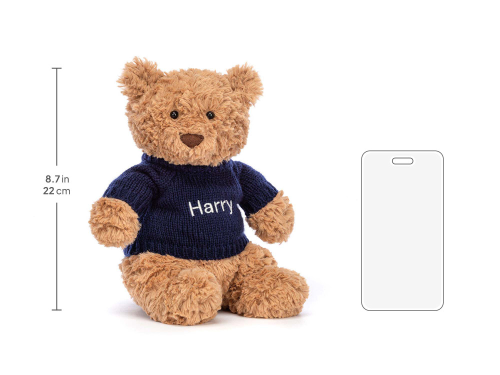 Bartholomew Bear with Personalized Navy Jumper, size chart