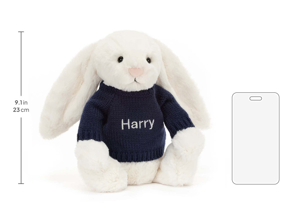 Bashful Cream Bunny with Personalized Navy Jumper, size chart