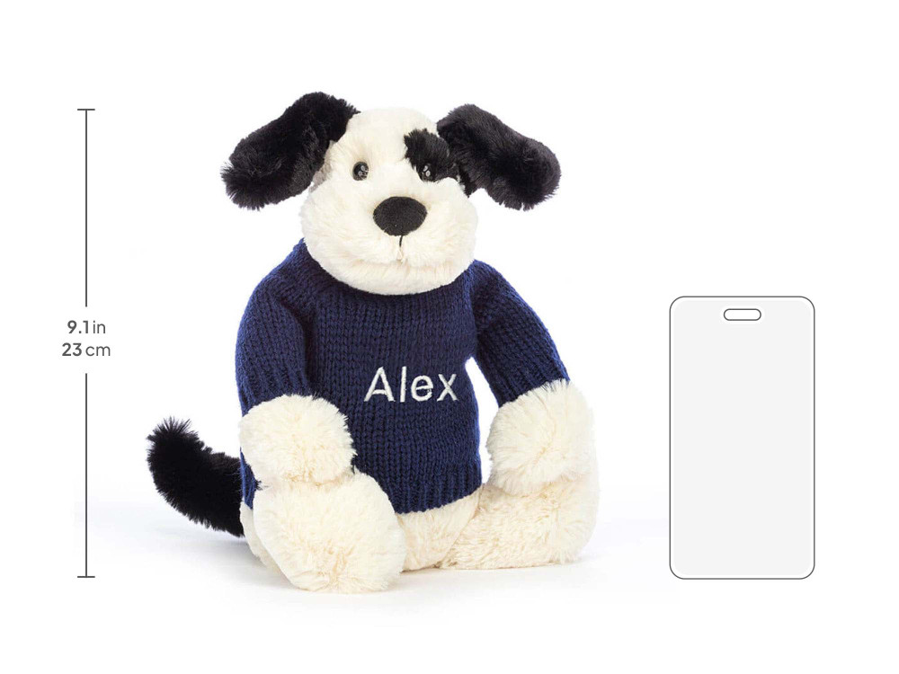 Bashful Black & Cream Puppy with Personalized Navy Jumper, size chart