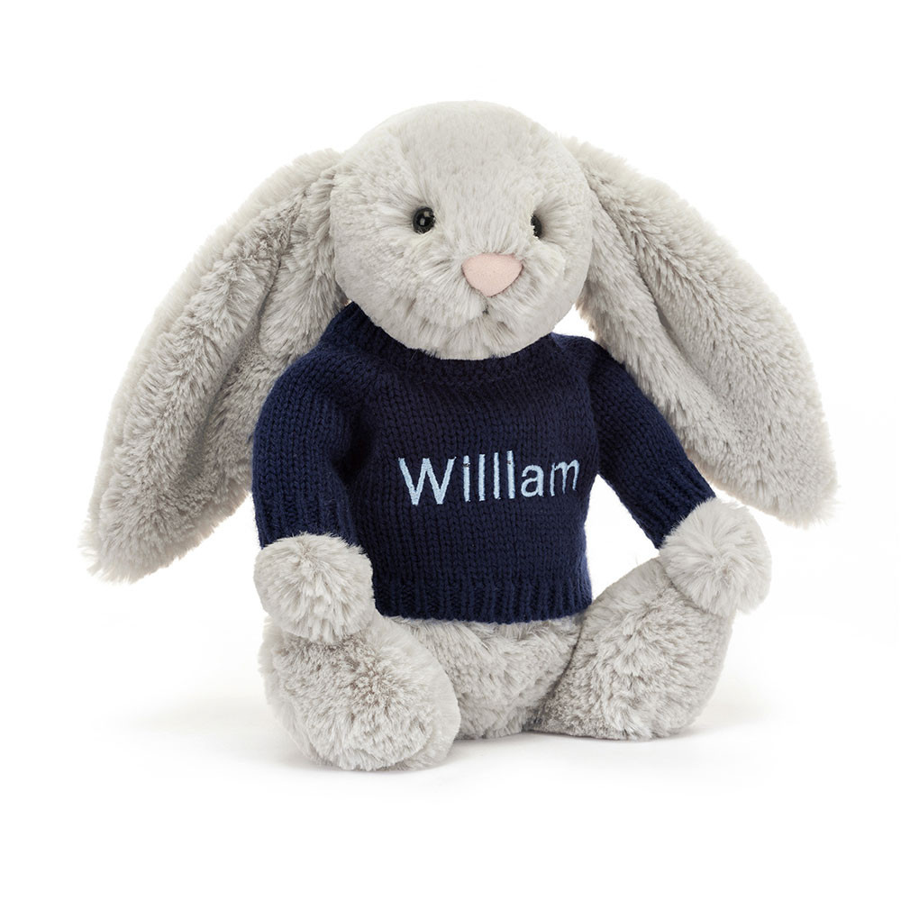 Bashful Silver Bunny with Personalised Navy Jumper, View 4