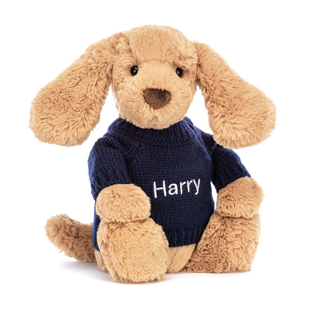 Bashful Toffee Puppy with Personalised Navy Jumper, View 4