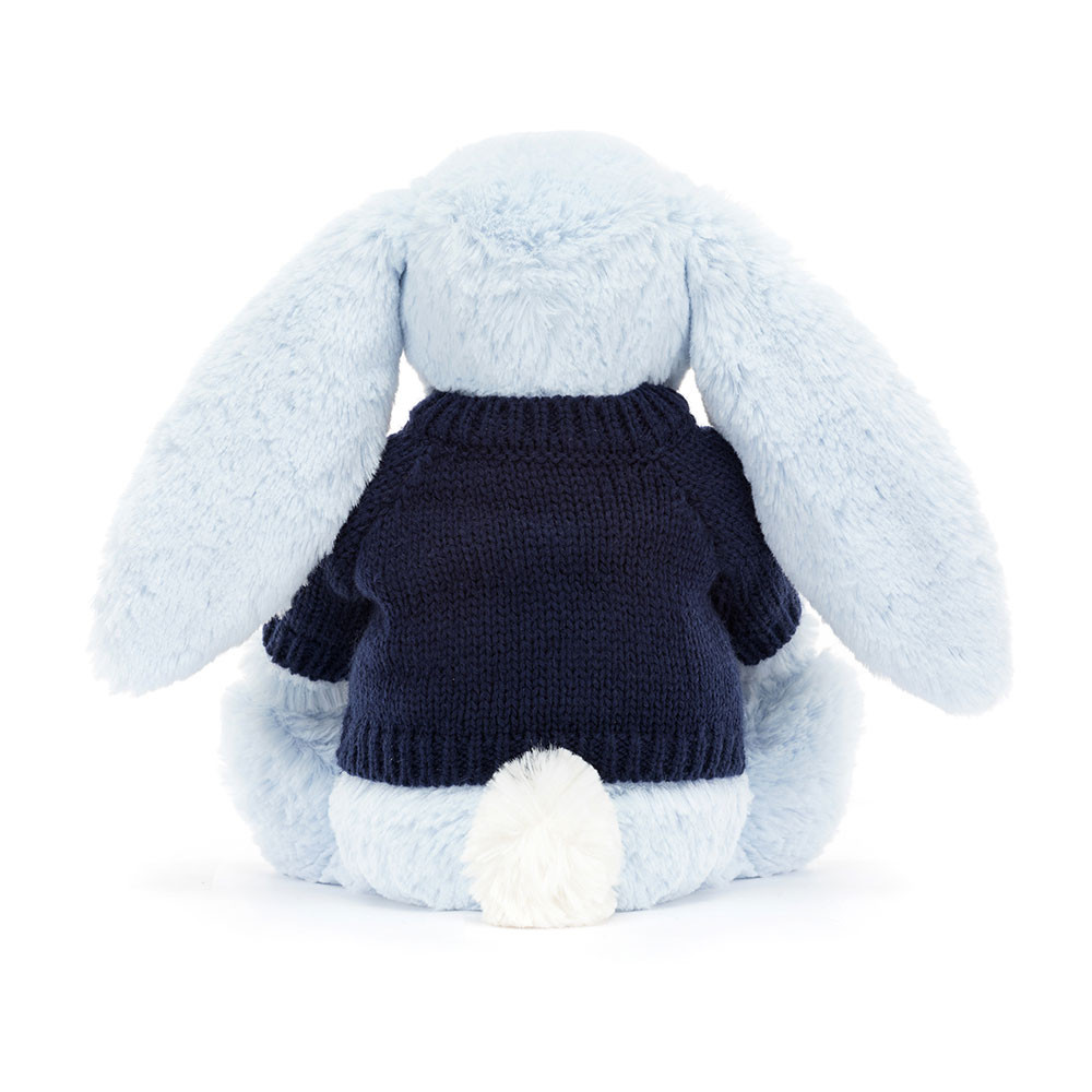 Bashful Blue Bunny with Personalised Navy Jumper - Official Jellycat