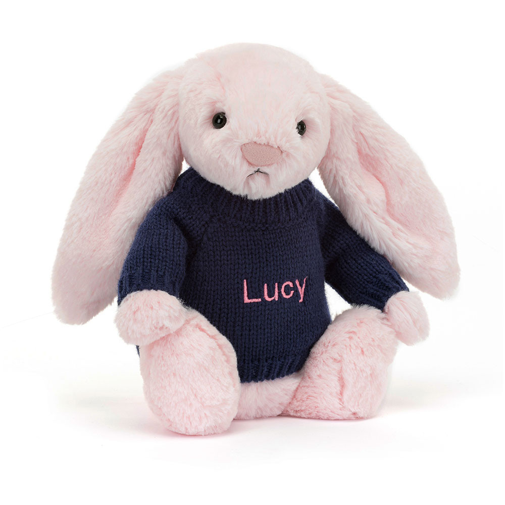 Bashful Pink Bunny with Personalised Navy Jumper, View 4