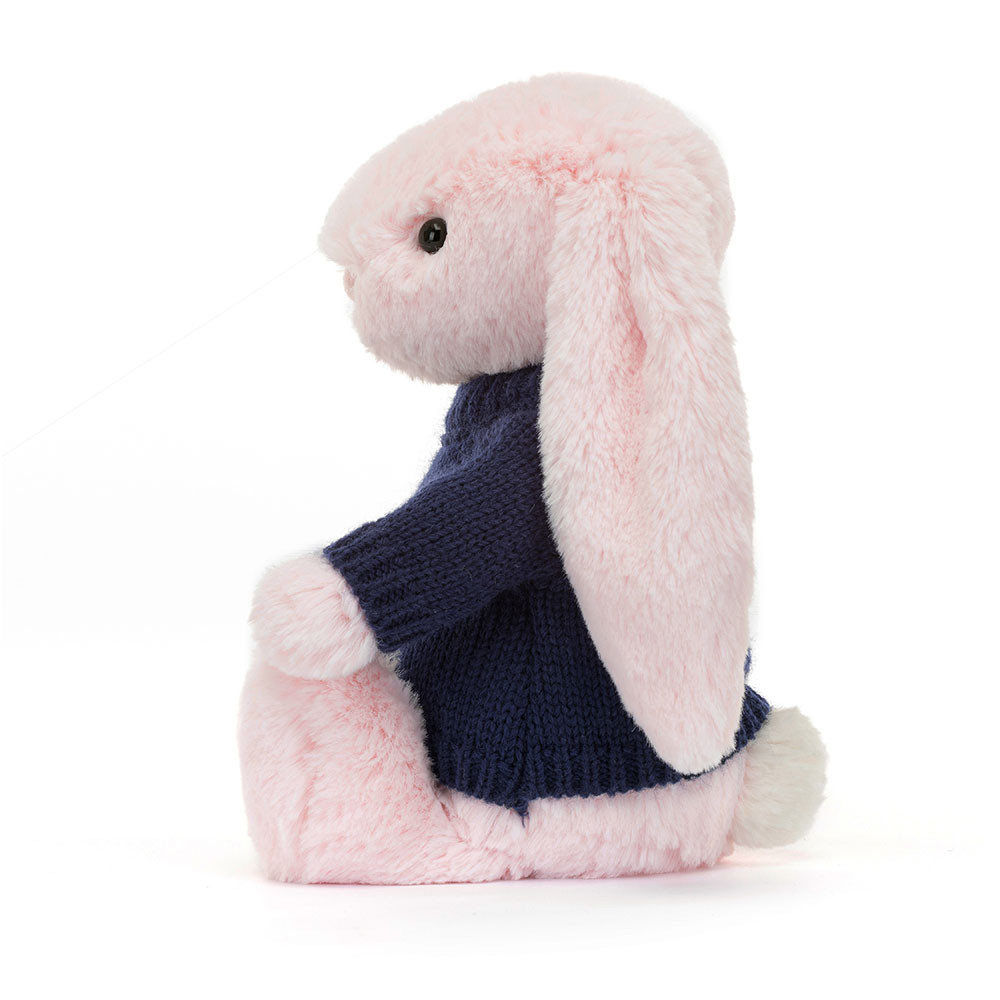 Bashful Pink Bunny with Personalised Navy Jumper, View 3