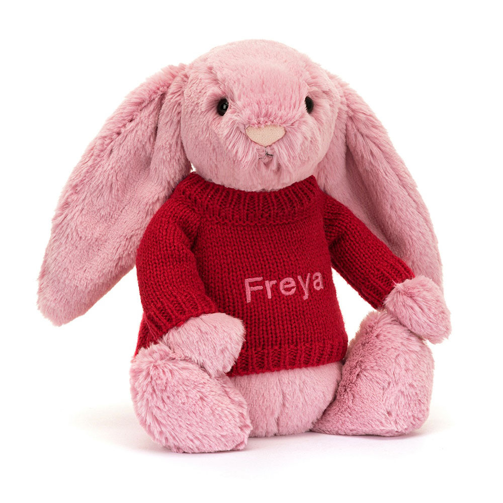 Bashful Tulip Pink Bunny with Personalised Red Jumper, View 4