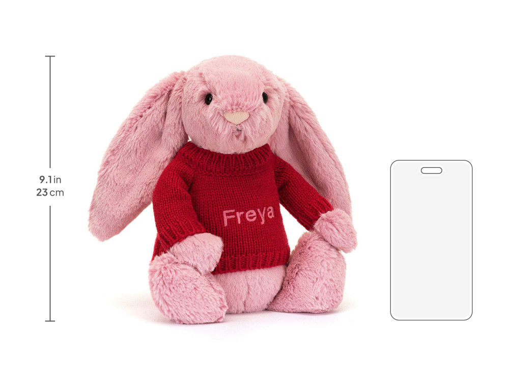 Bashful Tulip Pink Bunny with Personalized Red Jumper, size chart