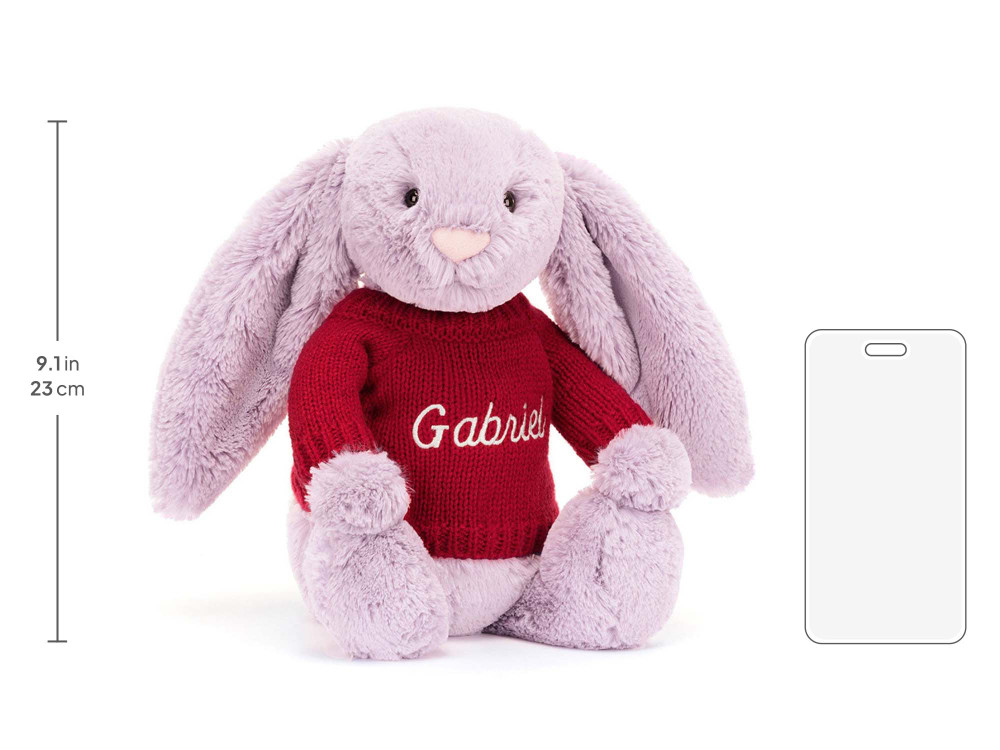 Bashful Lilac Bunny with Personalized Red Jumper, size chart