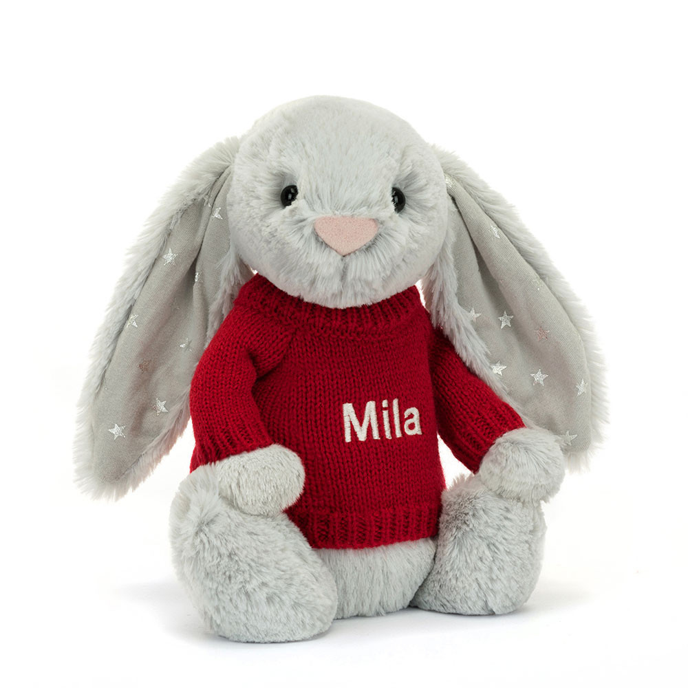 Bashful Shimmer Bunny with Personalised Red Jumper - Official Jellycat