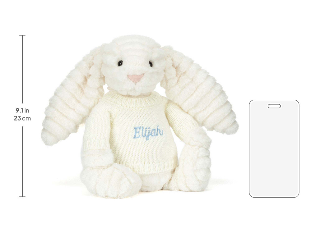 Bashful Luxe Bunny Nimbus with Personalized Cream Jumper, size chart