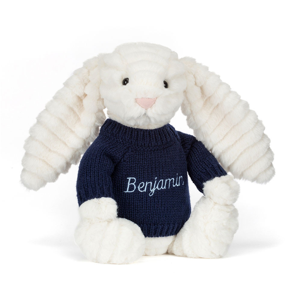 Bashful Luxe Bunny Nimbus With Personalised Navy Jumper, Main View