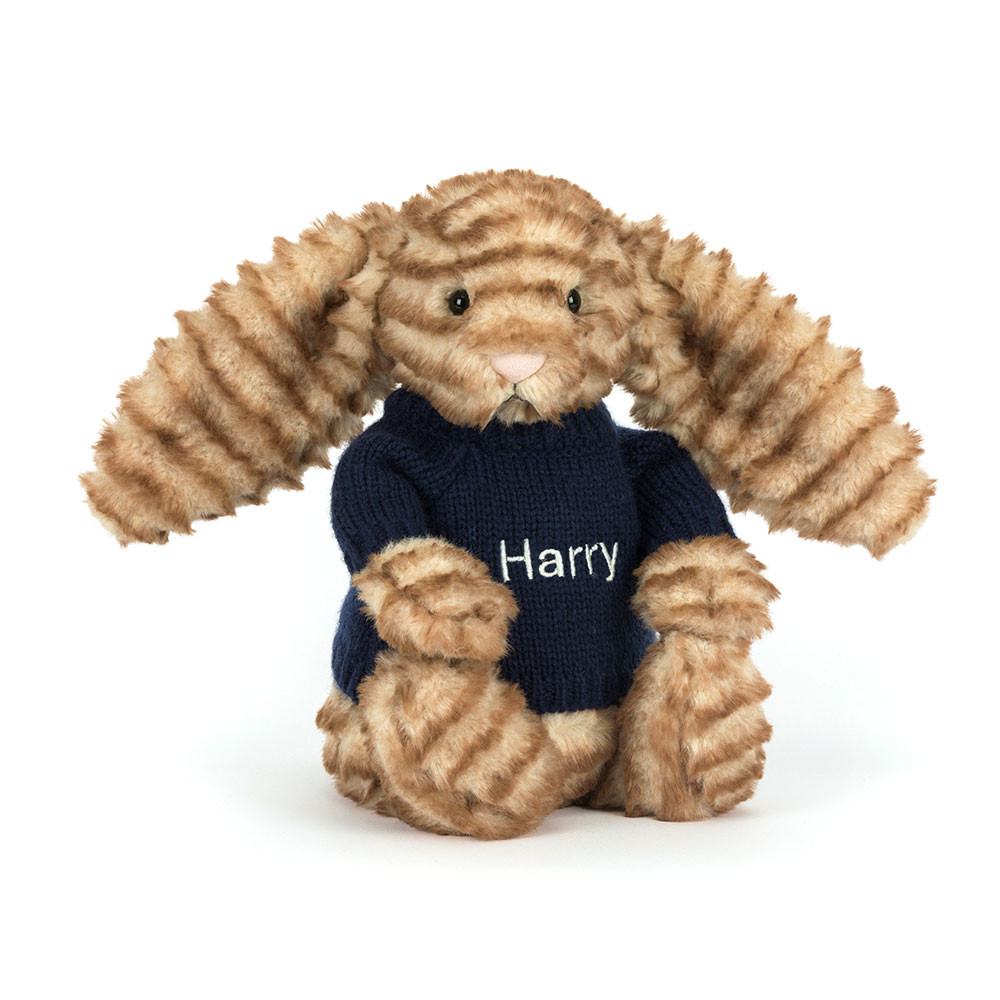 Bashful Luxe Bunny Juniper with Personalised Navy Jumper, Main View