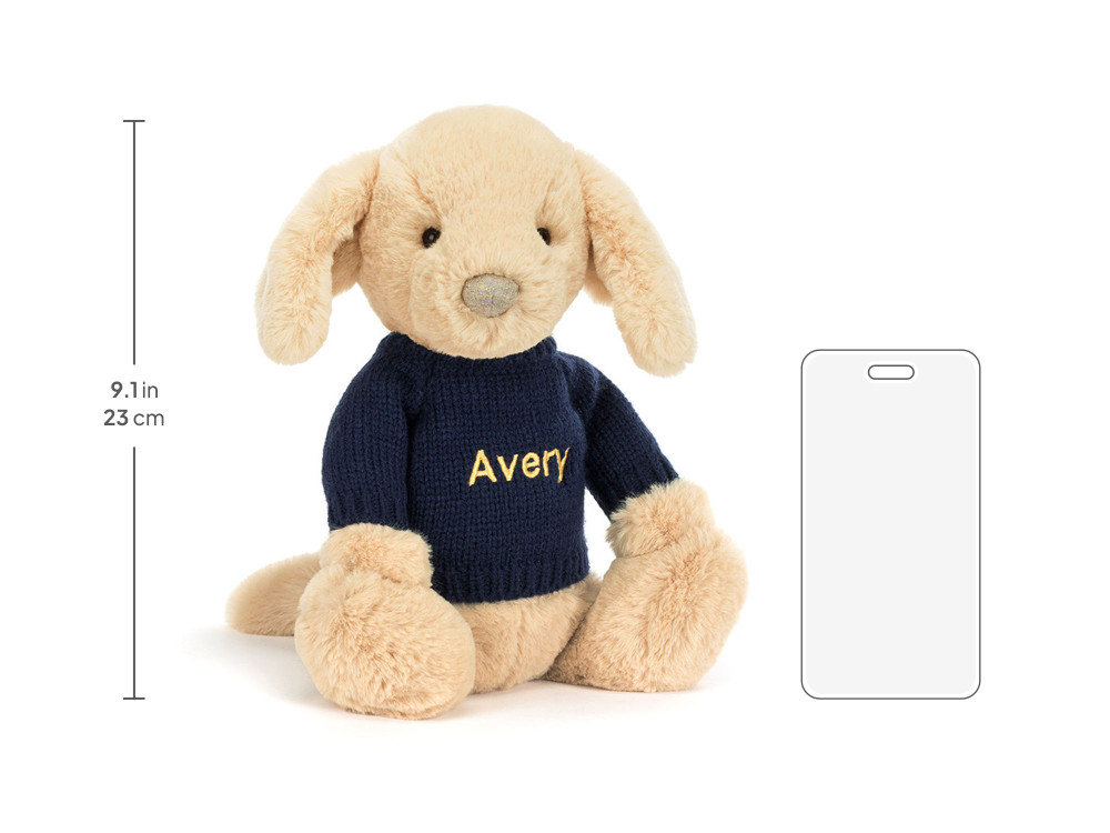 Bashful Luxe Puppy Orlando with Personalized Navy Jumper size chart