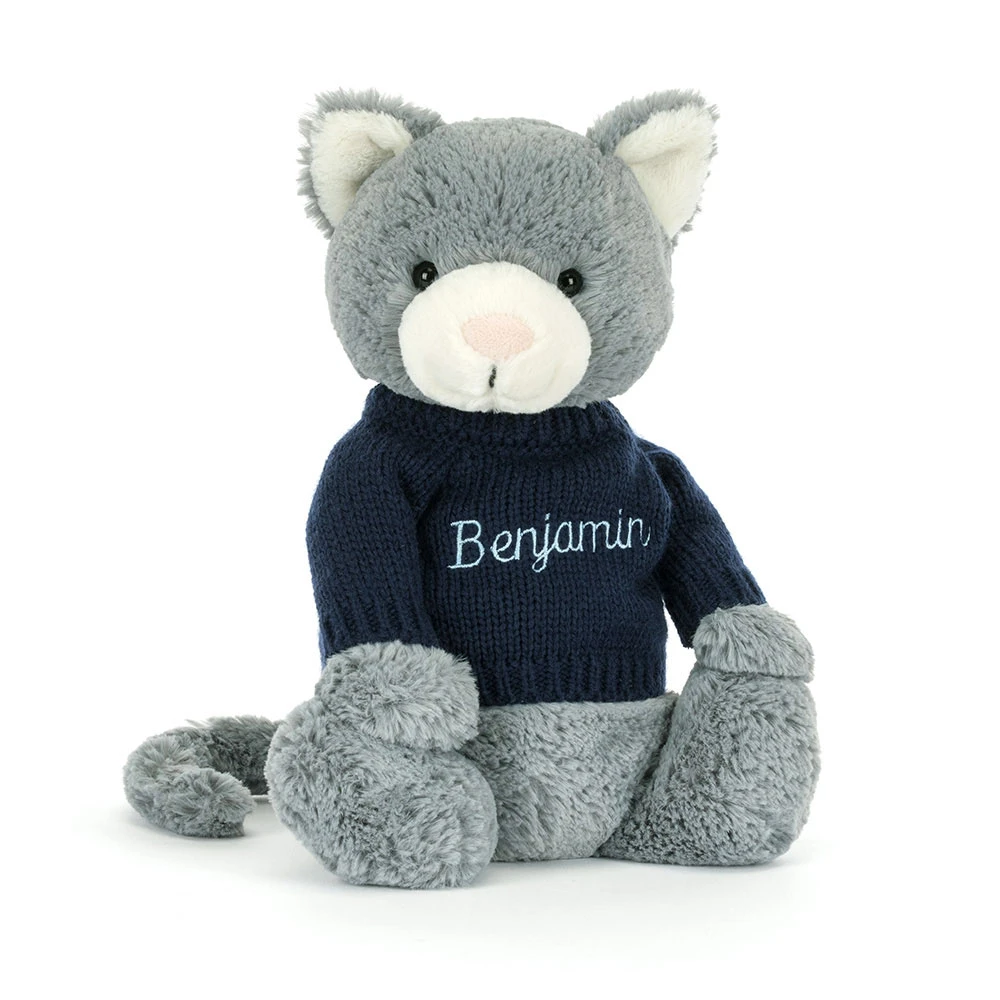 Bashful Kitten with Personalised Navy Jumper, Main View