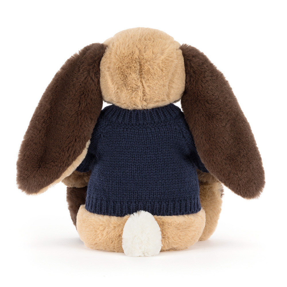 Bashful Patchwork Brown Bunny with Personalised Navy Jumper