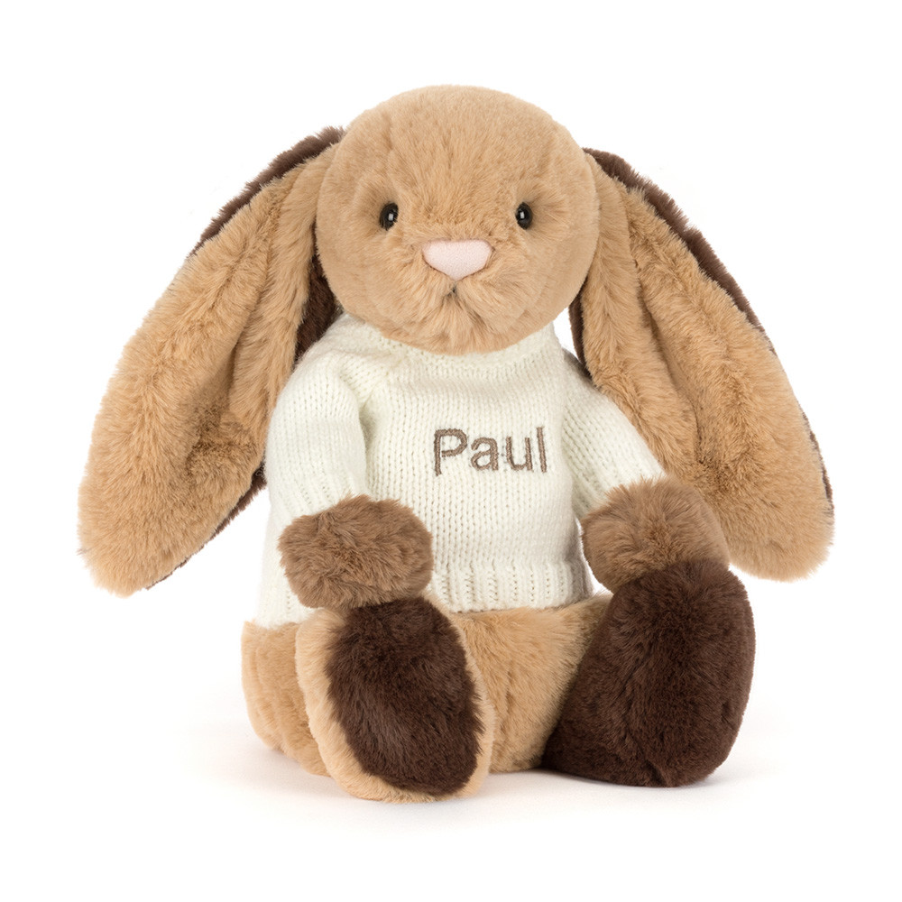 Bashful Patchwork Brown Bunny with Personalised Cream Jumper, Main View