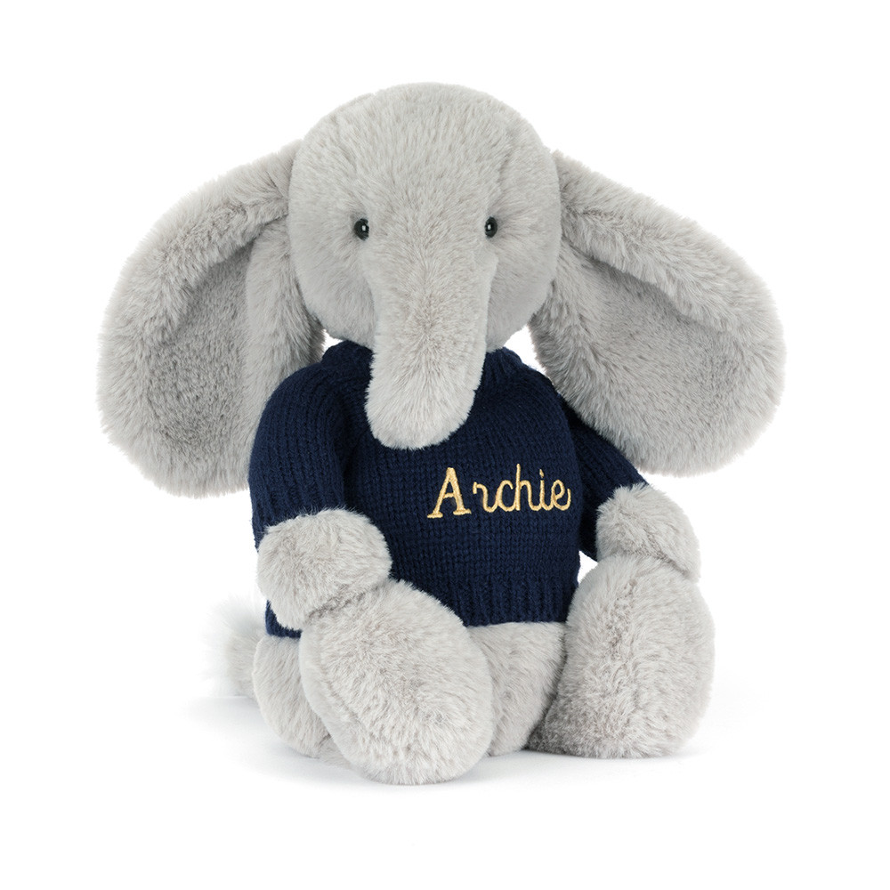 Bashful Luxe Elephant Thuddeus with Personalised Navy Jumper, Main View