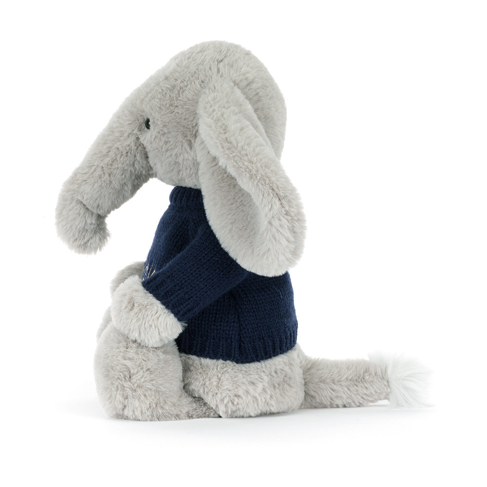 Bashful Luxe Elephant Thuddeus with Personalised Navy Jumper, View 2