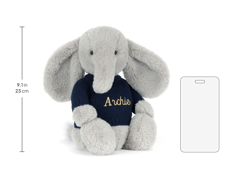 Bashful Luxe Elephant Thuddeus with Personalized Navy Jumper size chart
