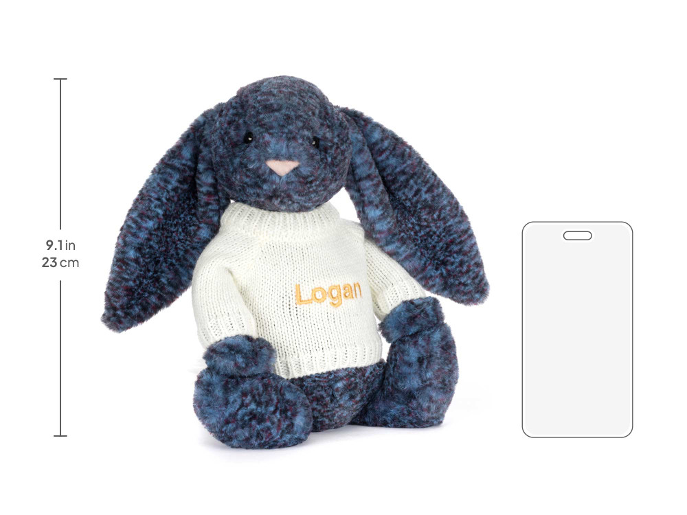 Bashful Hopscone Luxe Bunny with Personalized Cream Jumper, size chart