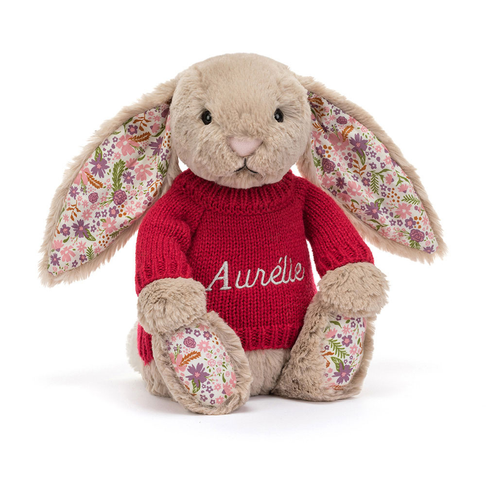 Blossom Beige Bunny 'Petal' with Personalised Red Jumper, Main View