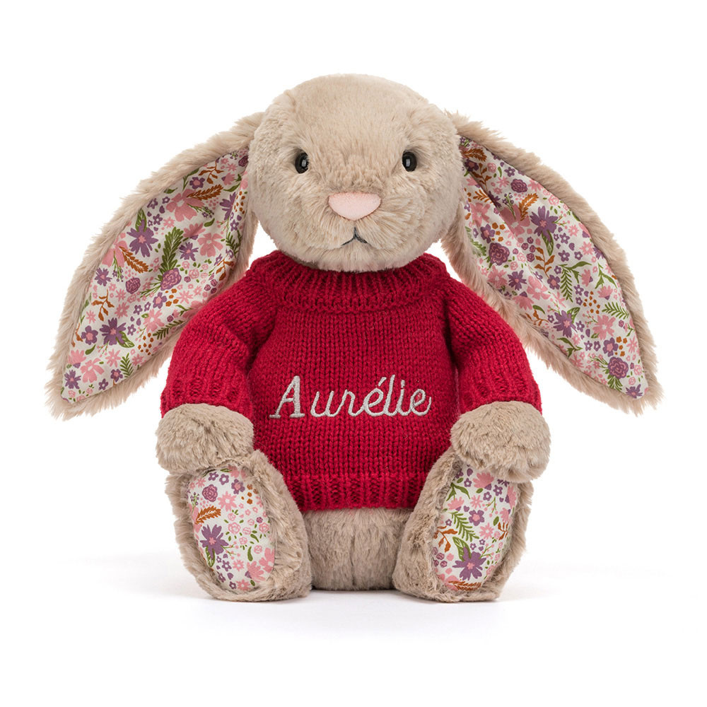 Blossom Beige Bunny 'Petal' with Personalised Red Jumper, View 4