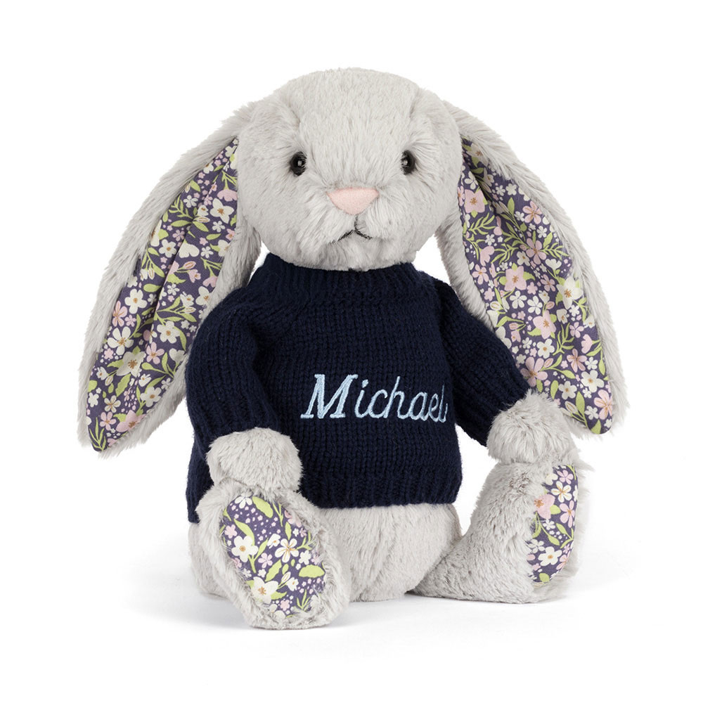 Blossom Silver Bunny 'Bloom' with Personalised Navy Jumper, Main View