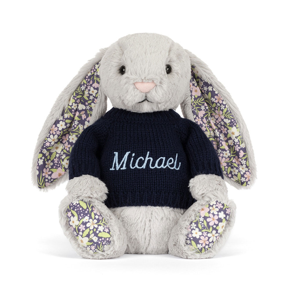 Blossom Silver Bunny 'Bloom' with Personalised Navy Jumper, View 4