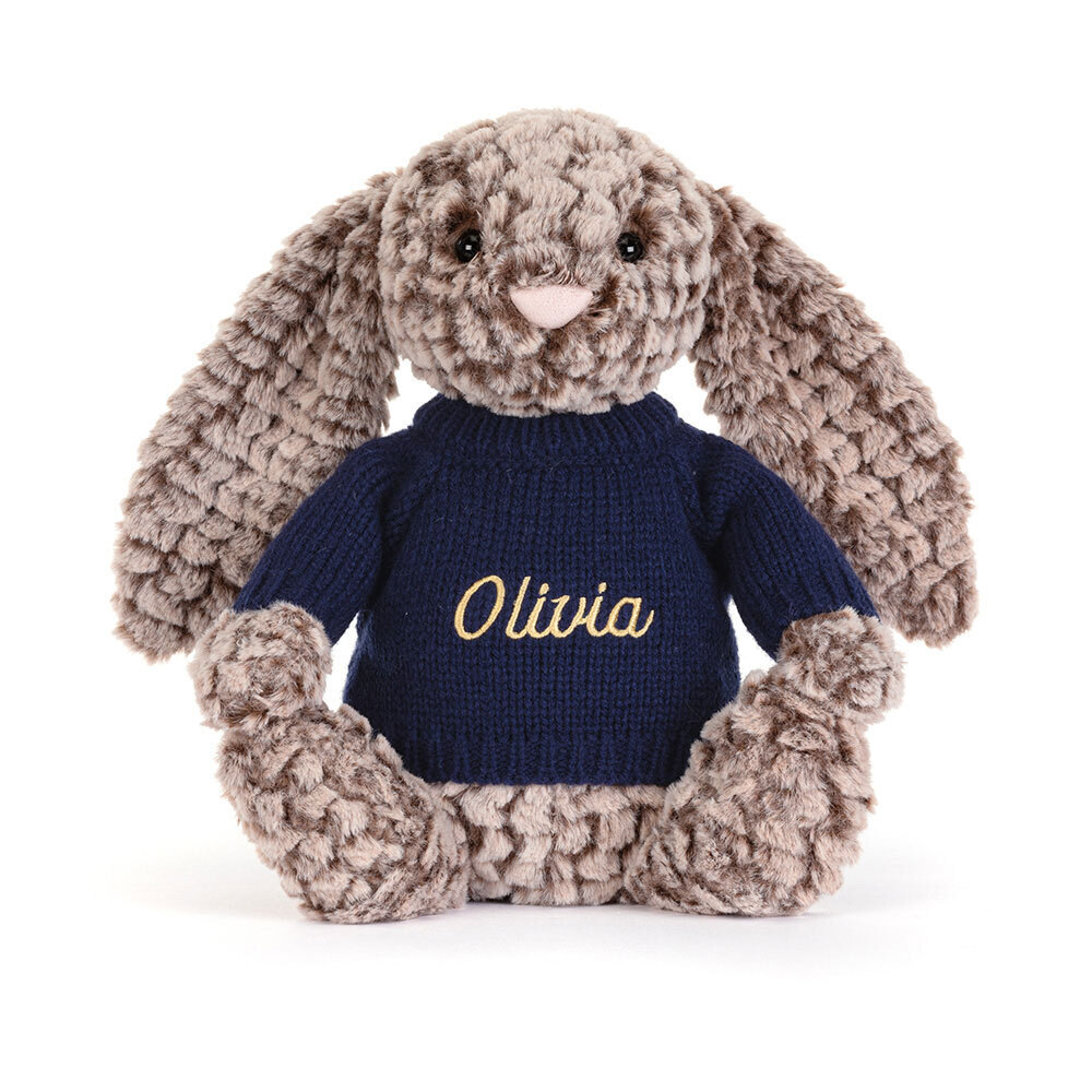 Bashful Luxe Bunny Pine with Personalised Navy Jumper, View 4