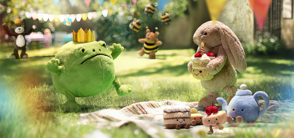 Jellycat characters celebrating Bartholomew Bears Birthday