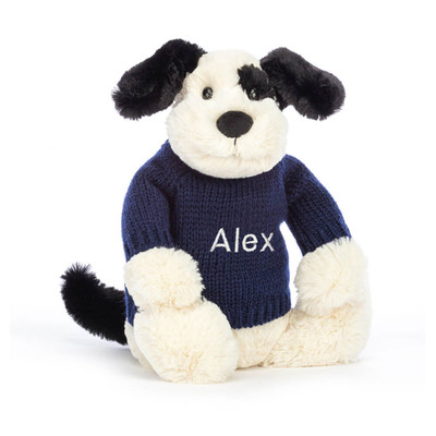 Bashful Black & Cream Puppy with Personalised Navy Jumper, View 4