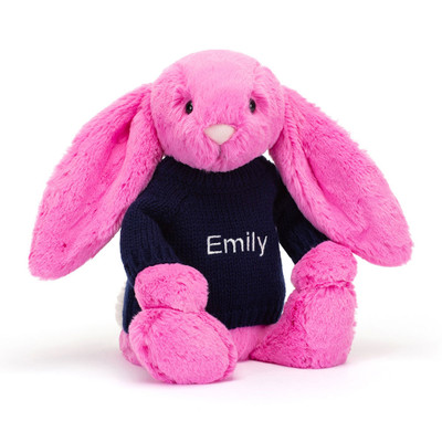 Bashful Hot Pink Bunny with Personalised Navy Jumper, View 4