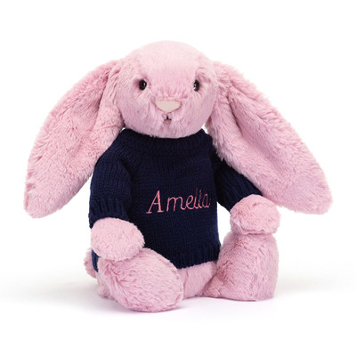 Bashful Tulip Pink Bunny with Personalised Navy Jumper, View 4