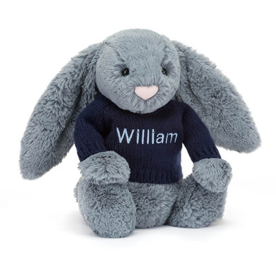 Bashful Dusky Blue Bunny with Personalised Navy Jumper, View 4