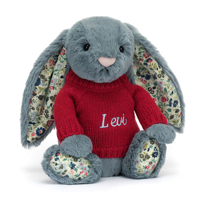 Blossom Dusky Blue Bunny with Personalised Red Jumper, View 4