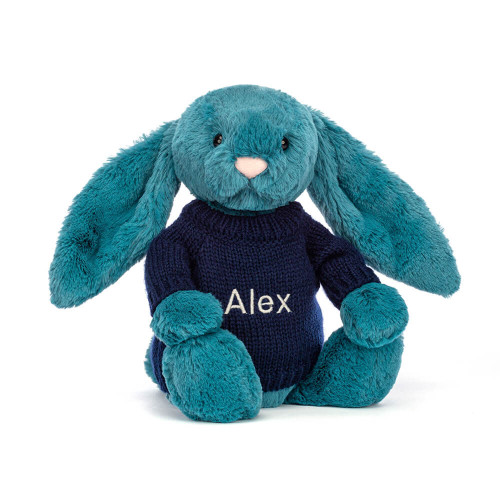 Bashful Mineral Blue Bunny with Personalised Navy Jumper, View 4 Bashful Mineral Blue Bunny with Personalised Navy Jumper, View 4