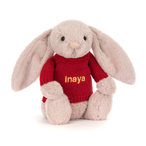 Bashful Luxe Bunny Rosa with Personalised Red Jumper, Main View Bashful Luxe Bunny Rosa with Personalised Red Jumper, Main View
